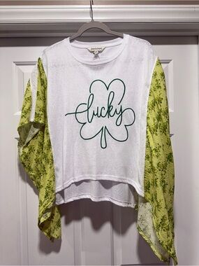 DAVI & DANI White Pullover with Green Shamrock and Floral Sleeves